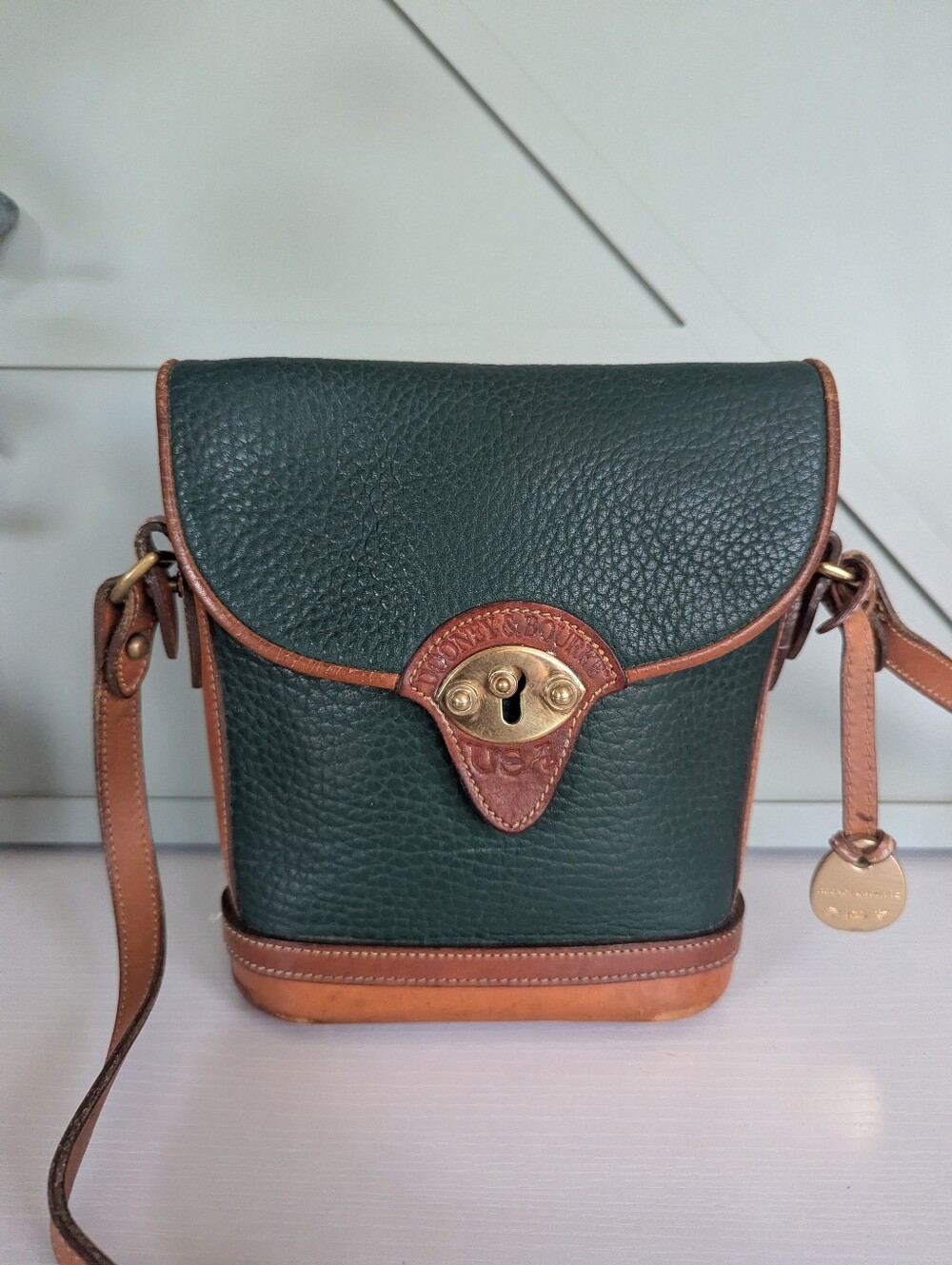 Dooney & Bourke Dark Green and Tan Leather Messenger Bag